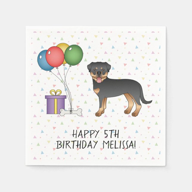 Black And Tan Rottweiler Cartoon Dog - Birthday Napkin (Front)