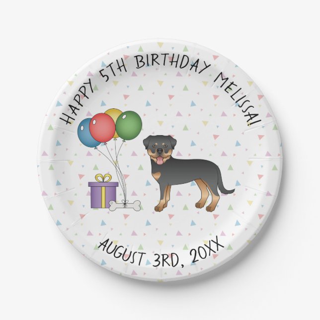 Black And Tan Rottweiler Cartoon Dog - Birthday Paper Plate (Front)