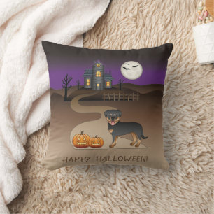 Black And Tan Rottweiler Halloween Haunted House Cushion