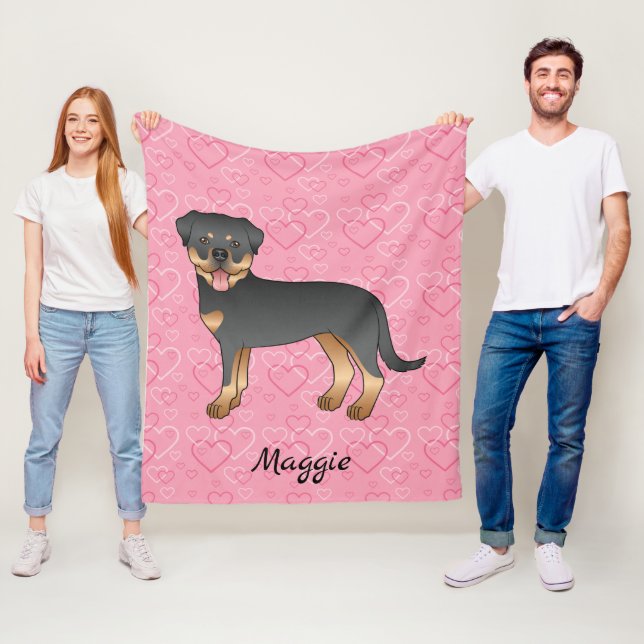 Black And Tan Rottweiler On Pink Hearts & Name Fleece Blanket (In Situ)