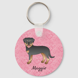 Black And Tan Rottweiler On Pink Hearts & Name Key Ring