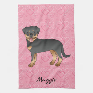 Black And Tan Rottweiler On Pink Hearts & Name Tea Towel