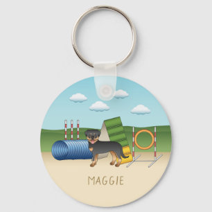 Black And Tan Rottweiler With Agility Equipment Key Ring