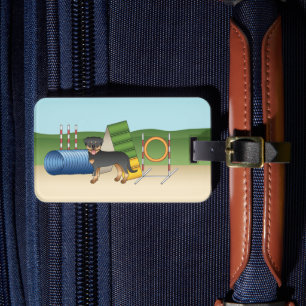 Black And Tan Rottweiler With Agility Equipment Luggage Tag
