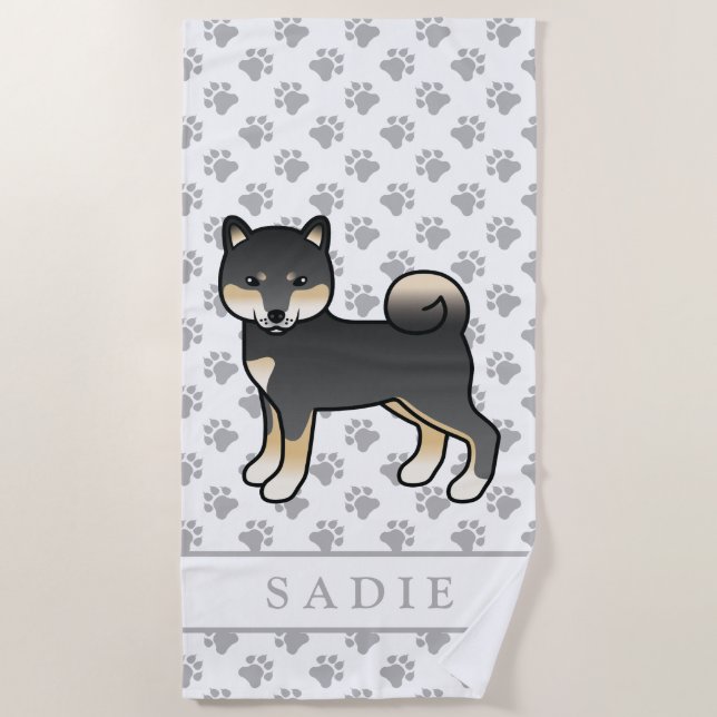 Black And Tan Shiba Inu Cartoon Dog & Name Beach Towel (Front)