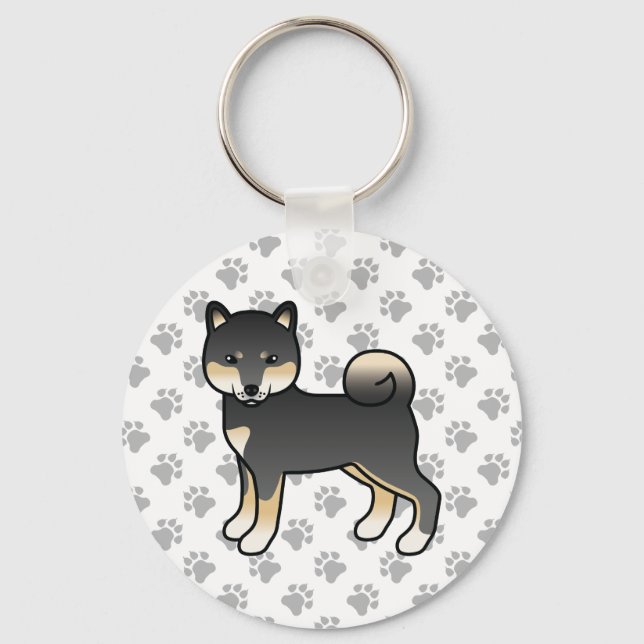 Black And Tan Shiba Inu Cartoon Dog & Paws Key Ring (Front)