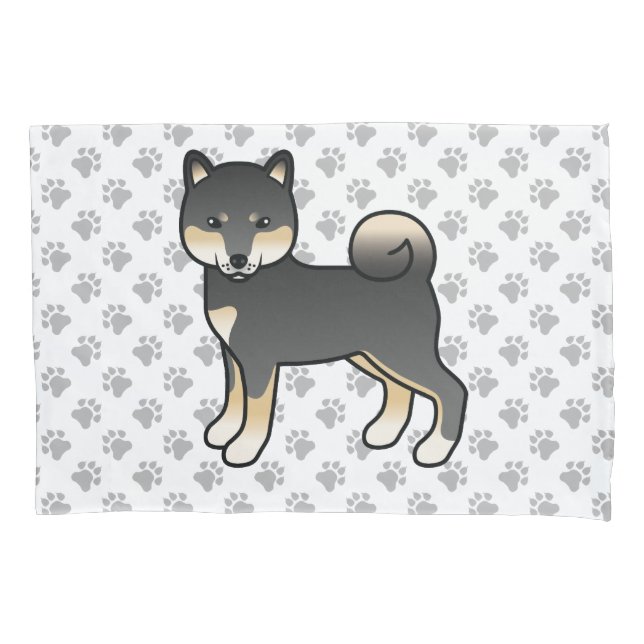Black And Tan Shiba Inu Cartoon Dog & Paws Pillowcase (Front)