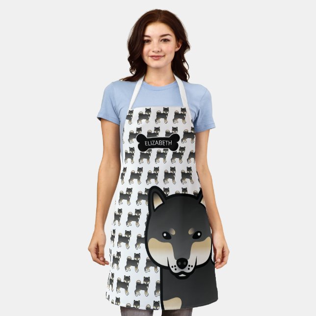 Black And Tan Shiba Inu Cute Cartoon Dog & Name Apron (Worn)