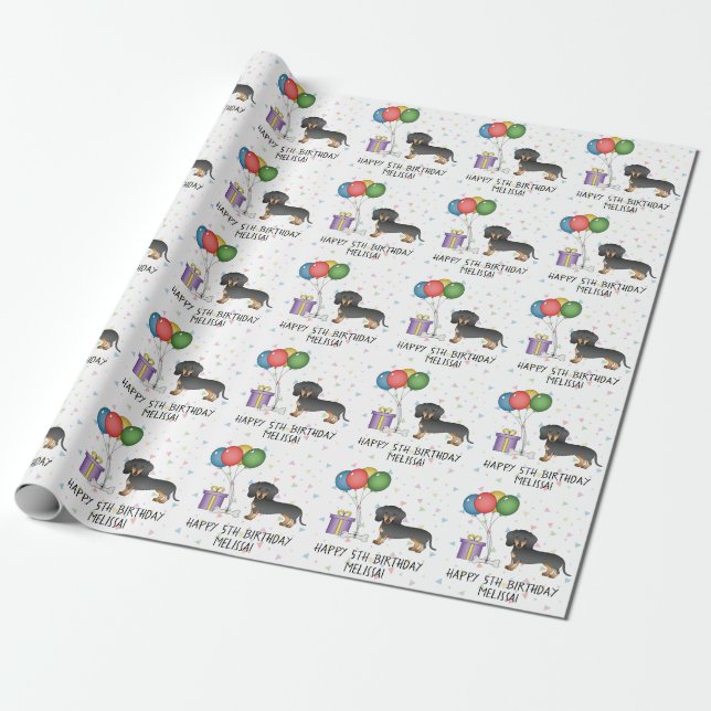 Black And Tan Smooth Coat Dachshund Happy Birthday Wrapping Paper (Unrolled)