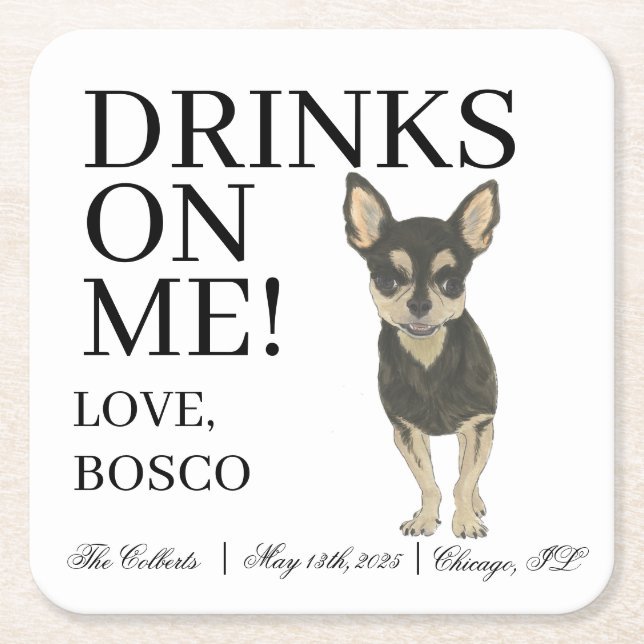 Black and Tan Tricolor Chihuahua Wedding Square Paper Coaster (Front)