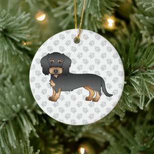 Black And Tan Wire Haired Dachshund Cartoon Dog Ceramic Tree Decoration