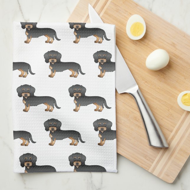 Black And Tan Wire Haired Dachshund Dog Pattern Tea Towel (Quarter Fold)