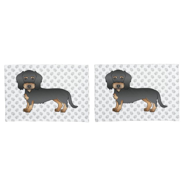 Black And Tan Wire Haired Dachshund Dog With Paws Pillowcase (Front-Set)
