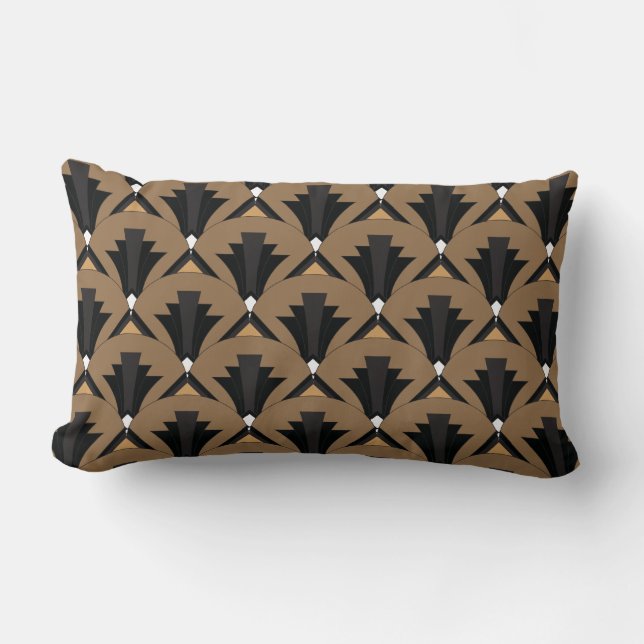 Black and Taupe Art Deco Patterned Lumbar Cushion (Front)