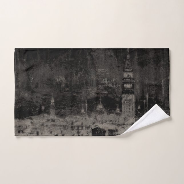 Black and Taupe Distressed Skyline Venice Italy Hand Towel (Hand Towel)