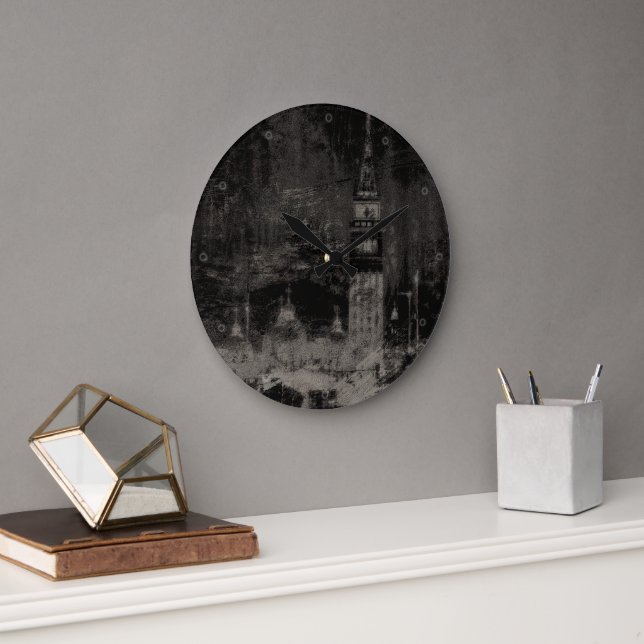 Black and Taupe Distressed Skyline Venice Italy Large Clock (Office)