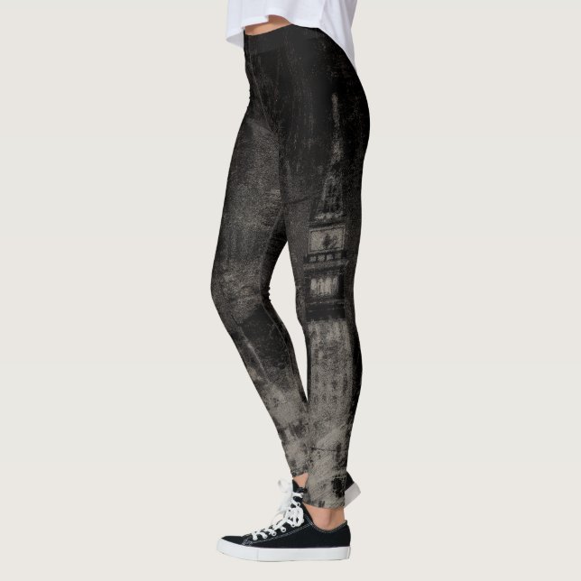 Black and Taupe Distressed Skyline Venice Italy Leggings (Left)
