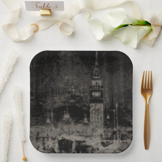 Black and Taupe Distressed Skyline Venice Italy Paper Plate (Wedding)