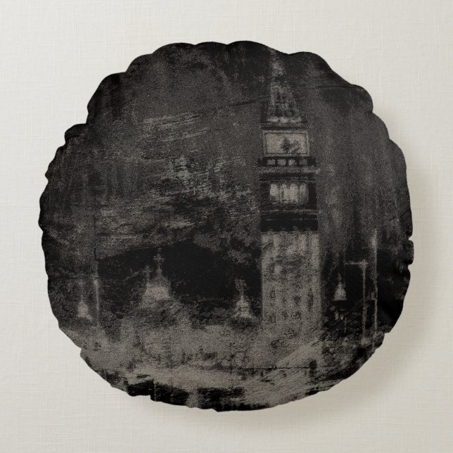 Black and Taupe Distressed Skyline Venice Italy Round Cushion (Front)