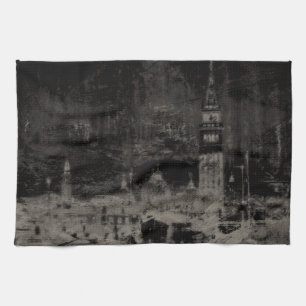 Black and Taupe Distressed Skyline Venice Italy Tea Towel