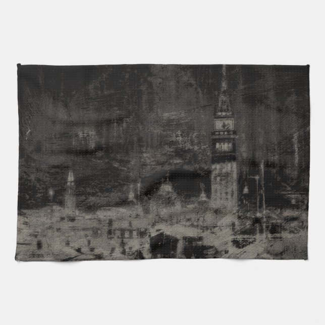 Black and Taupe Distressed Skyline Venice Italy Tea Towel (Horizontal)