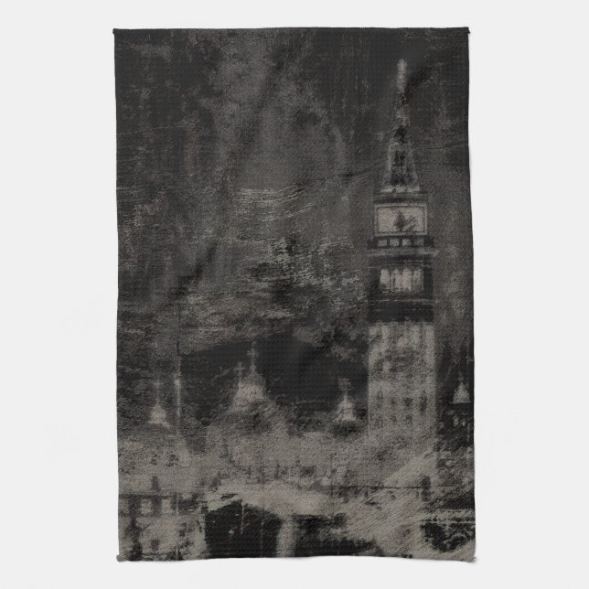 Black and Taupe Distressed Skyline Venice Italy Tea Towel (Vertical)