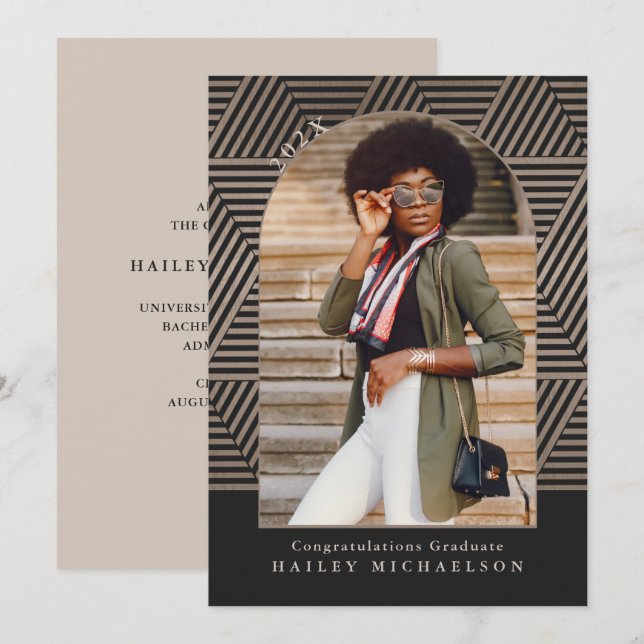 Black and Taupe Geometric Print Photo Graduation Invitation (Front/Back)