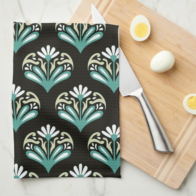 Black and Teal Art Deco Tea Towel (Quarter Fold)
