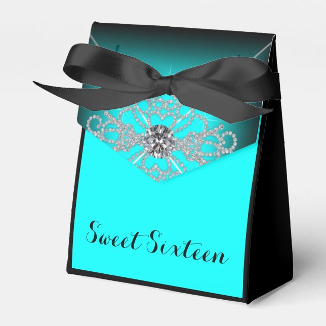 Black and Teal Blue Sweet 16 Birthday Party Favour Box (Front Side)