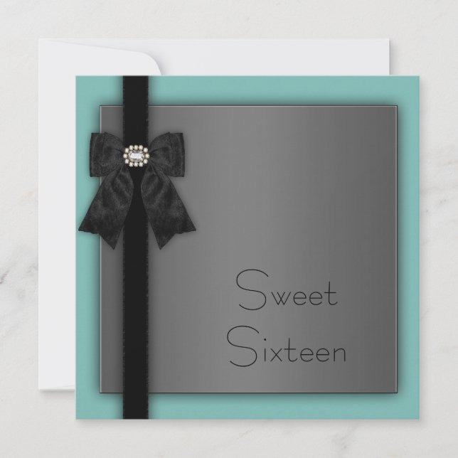 Black and Teal Blue Sweet 16 Birthday Party Invitation (Front)