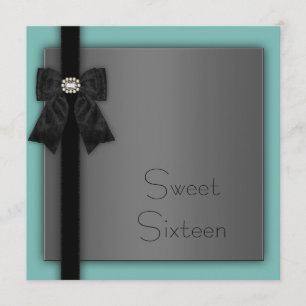 Black and Teal Blue Sweet 16 Birthday Party Invitation