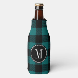 Black and Teal Buffalo Check Monogram Bottle Cooler
