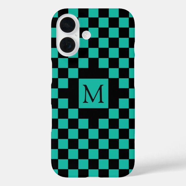 Black and Teal Chequerboard Pattern Monogram Case-Mate iPhone Case (Back)