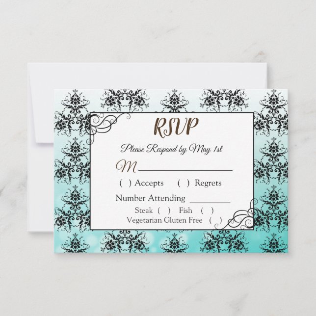 Black and Teal Damask Wedding RSVP card (Front)