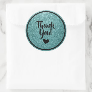 Black and Teal Faux Glitter Thank You Classic Round Sticker