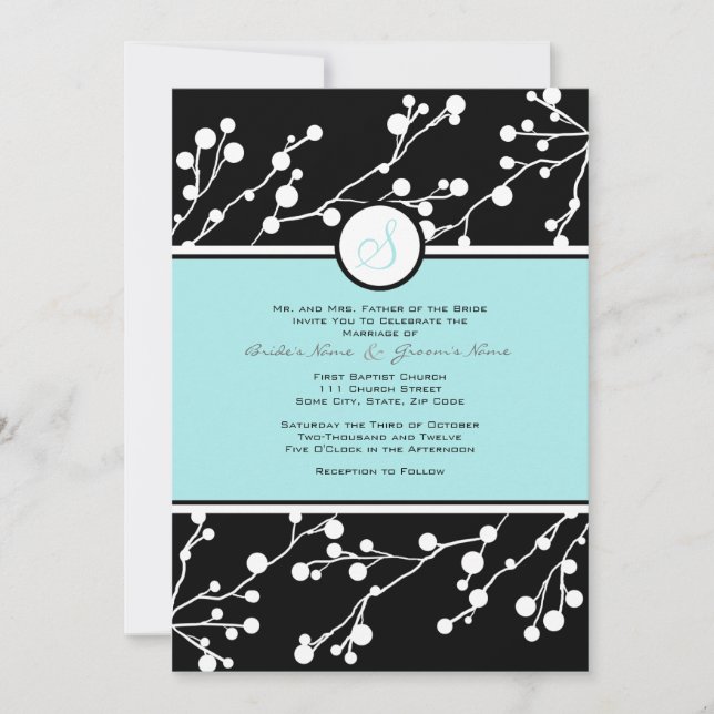 Black and Teal Floral Monogram Wedding Invitation (Front)