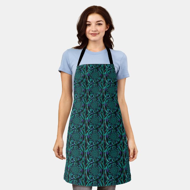 Black and Teal Fractal Art Pattern Apron (Worn)