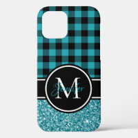 Black and Teal Glitter Buffalo Plaid Monogram