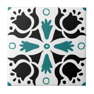 Black and Teal Intricate Floral pattern Tile