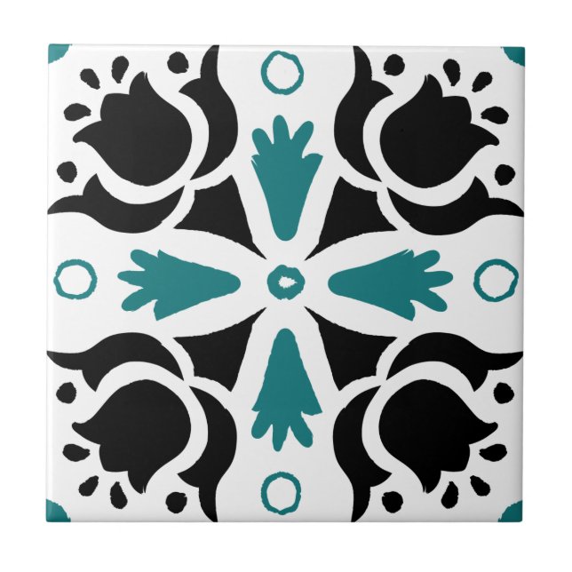 Black and Teal Intricate Floral pattern Tile (Front)