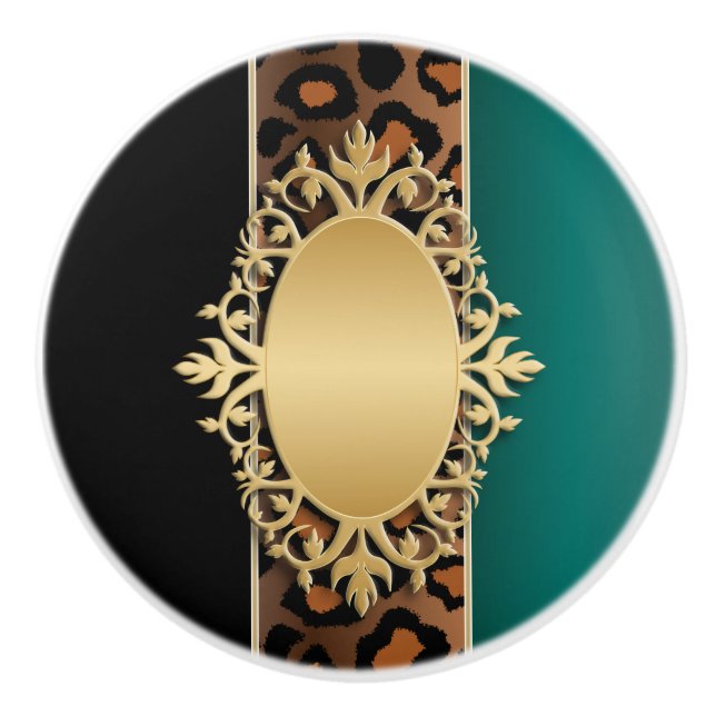 Black and Teal Jaguar Animal Print Ceramic Knob (Front)