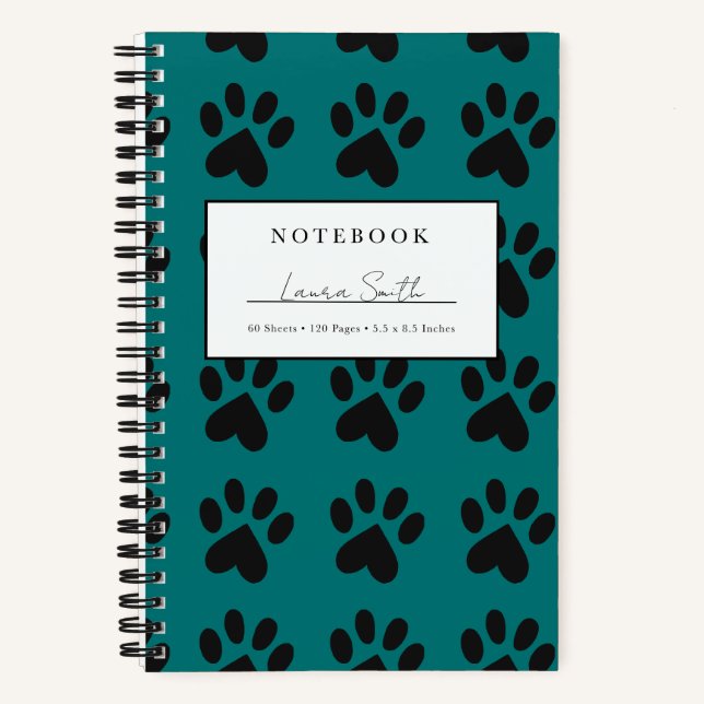 Black And Teal Paw Print Personalised Notebook (Front)