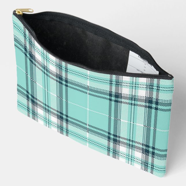 Black and Teal Plaid Print w/Initials Accessory Pouch (Open)