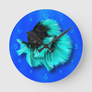 Black and Teal Siamese Fighting Fish Round Clock