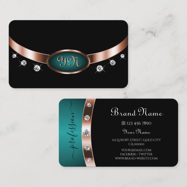 Black and Teal with Rose Gold Effect Monogrammed Business Card (Front/Back)