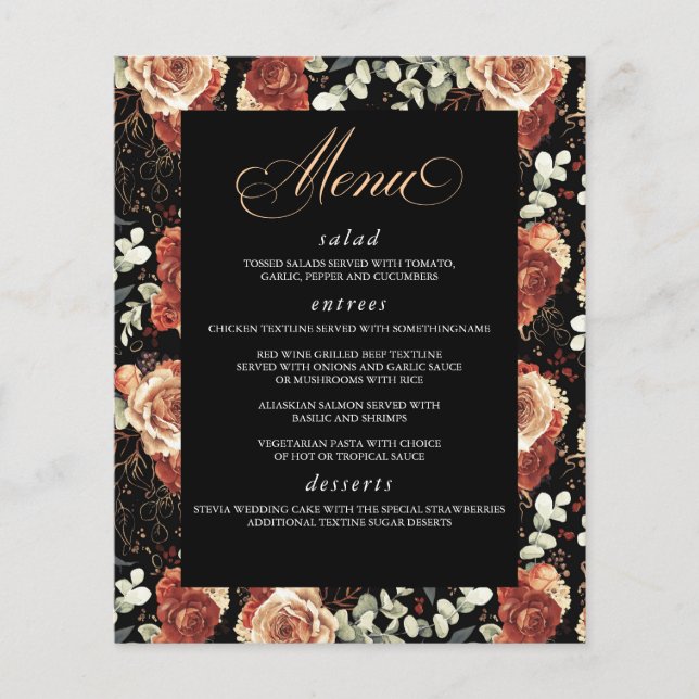 Black and Terracotta Elegant Modern Wedding Menu (Front)