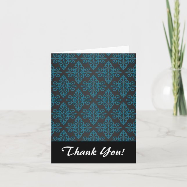 Black and Turquoise Blue Damask Pattern Thank You Card (Front)