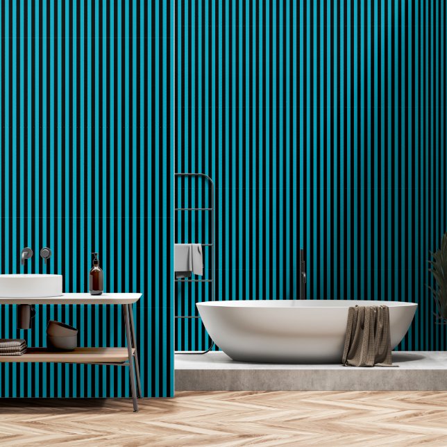 Black And Turquoise Blue Stripes Wallpaper (Bathroom)