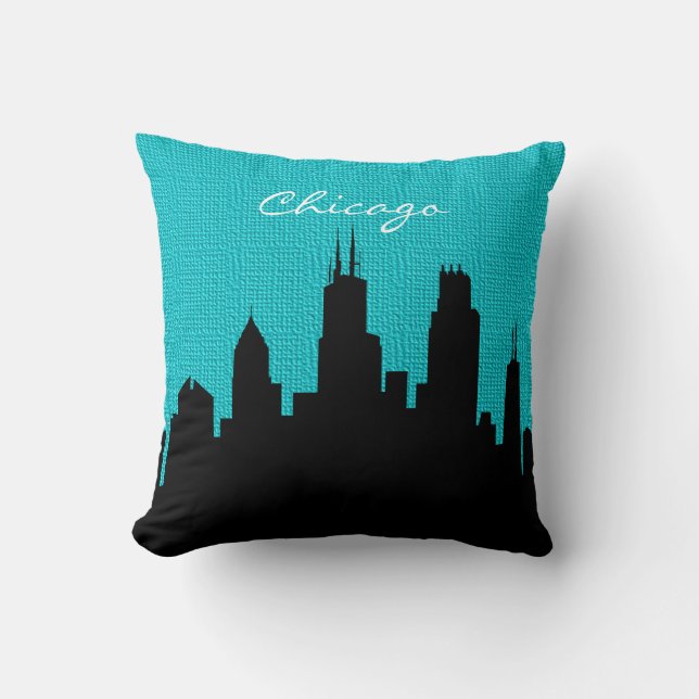 Black and Turquoise Burlap Chicago Skyline Print Cushion (Front)