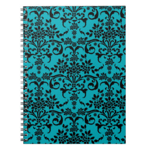 Black and Turquoise Floral Damask Pattern Notebook